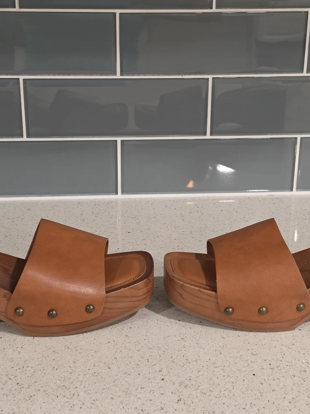 Splendid Tan Leather Slide Espadrille Platforms